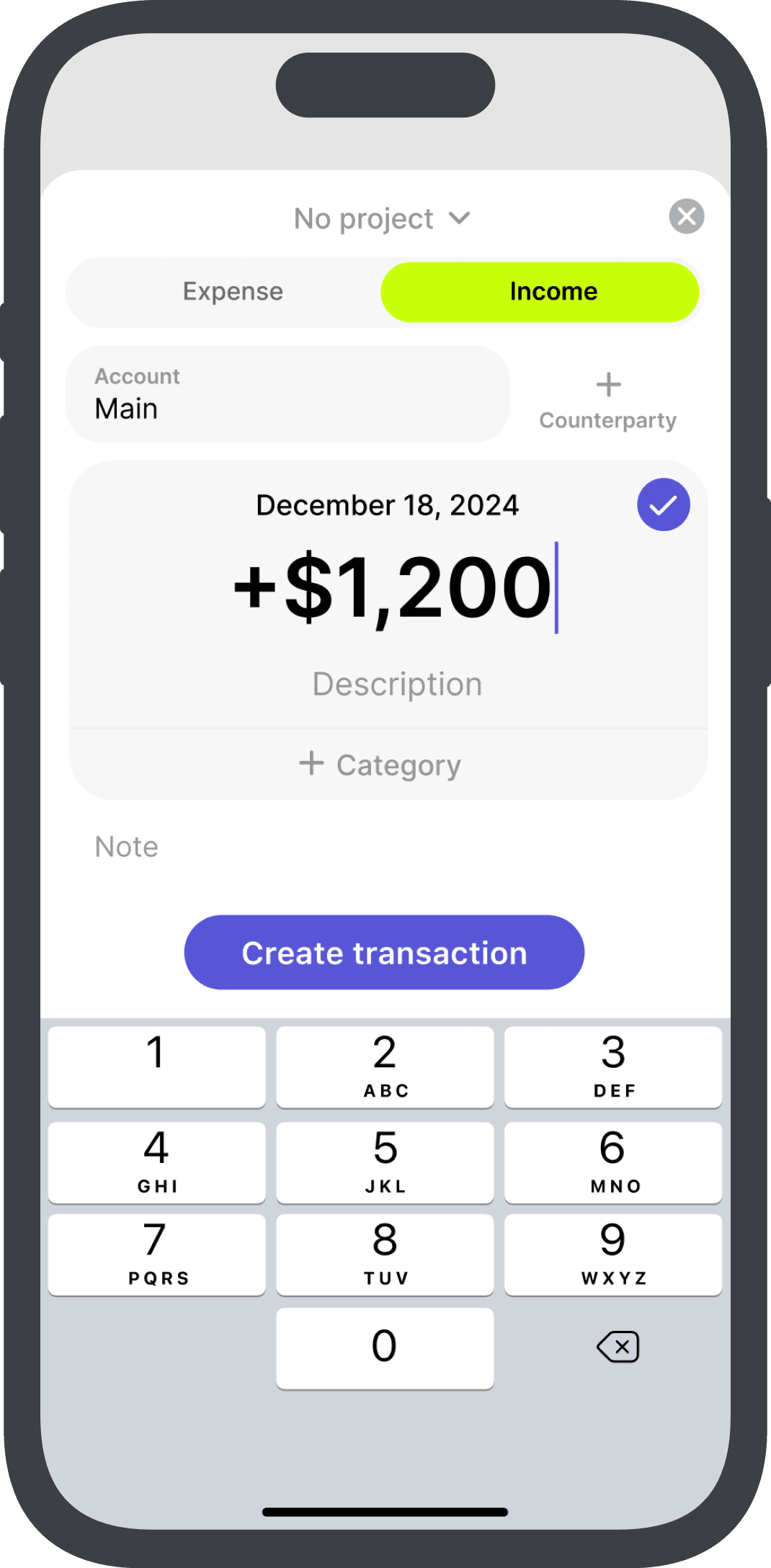 Transaction entry screen in onbalance