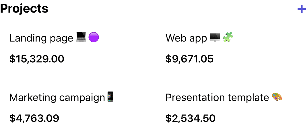 Projects overview screen in onbalance